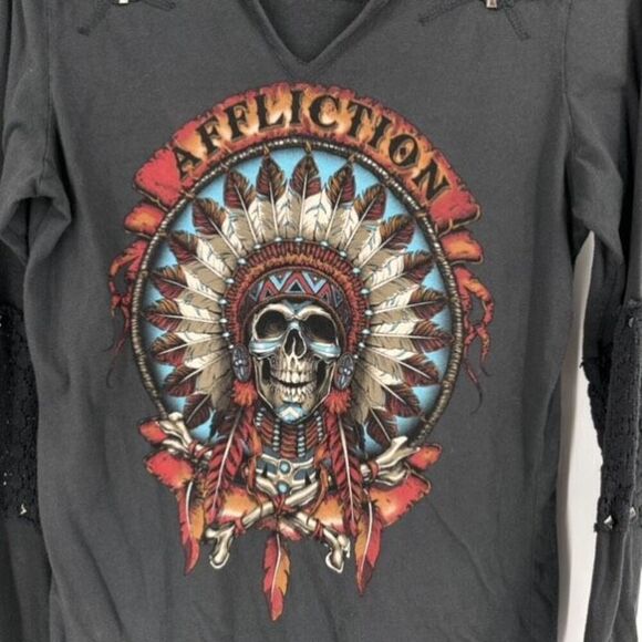 Affliction Women’s Studded Thermal LS T Shirt Cut Out Skeleton Headdress Small - Picture 3 of 8
